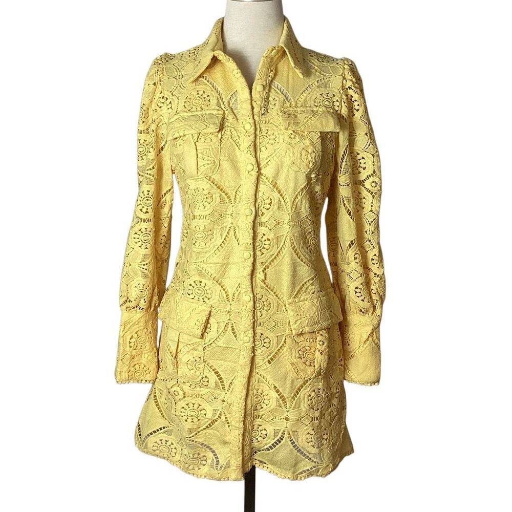 Yellow Lace Midi Dress with Collared Neck